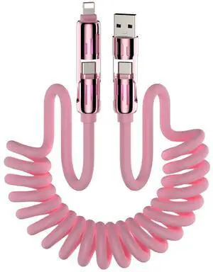 4-in-1 Coiled Universal USB Charging Cable -MAX 240W Fast Charging/Charger Cord with Multi USB Port for iPhone 16/15 14 13 iPad  MacBook iPad Tablets and More (Pink Coiled 6Ft)