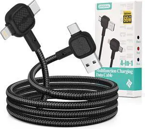 4 in 1 Versatile Multifunction Charging Cable USB-A USB Type-C Lightning Cable 66W PD Fast Charging & 480Mbps Data Sync for iPhone iPad  and All Device 4FT Nylon Braided (Black)