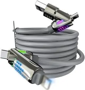 4 in 1 Charging Cable (6.6FT) MAX 240W Chubby Multi USB C Charging Cable with Light USB to USB C Fast Charging Cables for Multiple Devices iPhone 16 15 14 Pro Max/MacBook/iPad Pro Grey