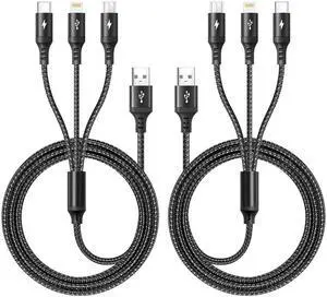 2Pack Multi Charger Cable [3.5A/6ft] 3 in 1 Braided USB Fast Charging Cable with IP/Type C/Micro USB Ports Adapter for Phone 15/14/13/12/11/X/8/7/ Galaxy/Pixel/HTC/LG//Tablets.