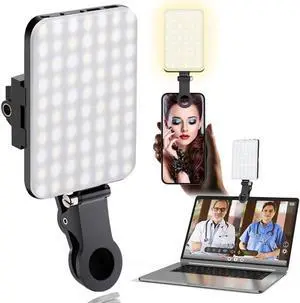 60 LED Portable Selfie Light Video Conference Lighting with Clip & Camera Tripod Adapter Rechargeable 2200mAh CRI 97+ 3 Light Modes for Phone iPhone Webcam Laptop Photo Makeup