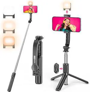 Selfie Stick Tripod with Fill Light All in One Extendable Selfie Stick with Detachable Wireless Remote Flexible Phone Tripod Stand Compatible with iPhone/Galaxy Compact Size & Lightweight