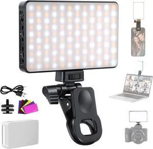 Basics LED Selfie Phone Light Rechargeable 2500-9000K Clip On Fill Light Color Films/Diffuser/3000mAh CRI95+ Dimmable Video Conference Lighting for iPhone Camera Laptop Zoom Call BL120B