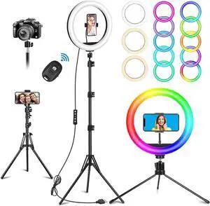 10.3 Selfie Ring Light with Stand and Phone Holder Desk Tripod 29 RGB Lighting Modes Remote for iPhone &Android Camera. LED Halo Light for Photo Video Recording TikTok. Circle Ringlight Dimmable