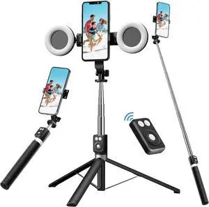 Selfie Stick Tripod with Fill Light Phone Selfie Stick Durable Stainless Steel Design Bluetooth Remote Control and Stable Three-Legged Support for Live Broadcasts Video Shooting (Black)