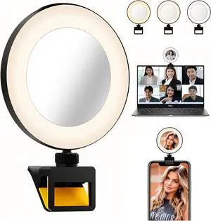 60 LED Video Conference Ring Light  Rechargeable Clip Design 3 Adjustable Light Modes - Universal for Phones/Laptops 3000K-5000K Color Range 2H Battery Streaming/Makeup/Office Use
