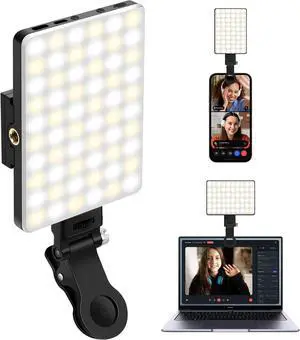Selfie Light Portable Phone Light 60 LED Rechargeable Fill Lights with Front & Back Clip CRI 95 3 Modes Clip on Lights for TikTok Tablet/Laptop iPad Conference Vlog Video
