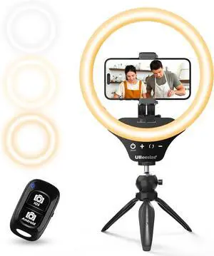 10 Selfie Ring Light with Tripod Stand & Cell Phone Holder Dimmable Desktop LED Circle Light for Live Streaming/Makeup/YouTube/TIK Tok Compatible with iOS and Android Phones Black