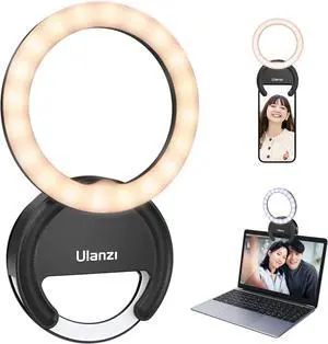 Selfie Ring Light Ulanzi Rechargeable Selfie Fill Light 3000-6500K Portable Clip-on Phone LED Ring Light with 40 LEDs for Phone Laptop Zoom Meeting Make up Camera Video Video Recording(Black)