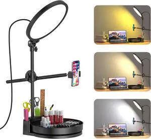 Desk Ring Light with Stand 55W Dimmable Full Screen Ring Light with Rotating Storage Box Pen Holder Stand Phone Holder&Controller (Black 10.5)