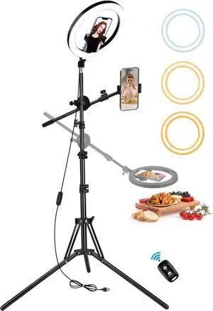 10 Ring Light Tripod for iPhone Selfie Ring Light with Stand for iPhone Overhead Phone Mount with Light Phone Light for Cooking Videos/Live Streaming/Video Recording