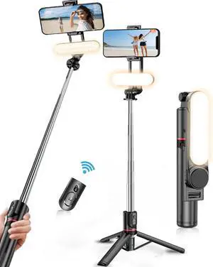 Selfie Stick Tripod with Light Extendable Selfie Stick with Detachable Wireless Remote Travel Video Phone Tripod Stand with Light Cell Phone Mount Holder Compatible with iPhone Smart Phone Android
