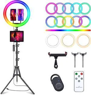12 Selfie Ring Light with 75 Tripod Stand & 2 Phone Holder LED Camera Ringlight with 48 RGB Colors Modes & Musical Rhythm Mode and 12 Brightness Dimmable for TikTok/Makeup/Photography/Vlog