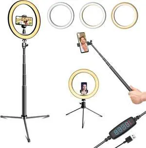 10 Selfie Ring Light with 10 Stand and 60 Selfie Stick 3 Color Light Adjustment Suitable for Phones and Cameras Makeup/Live Streaming/Taking Photos