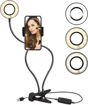 Selfie Ring Light Cell Phone Holder Compatible w/iPhone 15/14/13/12/SE/11/XR/XS/X/8/7/6 Mini/Plus/Pro/Pro Max - Flexible Clip USB LED Stand for Live Streaming w/10 Brightness Levels (Black)