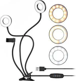 Clip-On LED Ring Light 3 Lighting Modes USB Fill-in Lamp Dual Lights Dimmable Flexible Arms Design with Phone Holder for Live Video Chatting Selfie