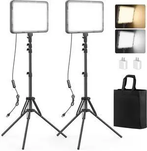 2 Pack LED Video Light with 63 Tripod Stand 2500-8500K Dimmable Photography Lighting Kit 15W Soft Studio Lighting for Video Recording/Filming/Game Streaming/YouTube/Podcast USB Charger
