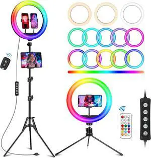 12.3 Ring Light with Stand 75 Tall and 2 Phone Holder Ring Light Tripod for iPhone with 3 CCT Mode & 29 Color Modes Remote Shutter Desk Tripod Great for Live Stream/Makeup/YouTube/TikTok