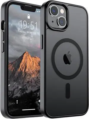 Magnetic for iPhone 14 Case & iPhone 13 Case (Compatible with MagSafe)(Military Grade Drop Protection) Slim Translucent Matte Shockproof Phone Cover Black