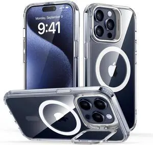 for iPhone 15 Pro Max Case Compatible with MagSafe Military-Grade Protective Case Built-in Stash Stand Phone Case Scratch-Resistant Back Cover Classic Series Clear