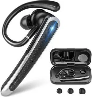 Bluetooth Headset Wireless Bluetooth Earpiece with LED Charging Case Hands Free Noise Canceling Headphones with Dual-Mic for Computer Cell Phones Trucker Home Office Work - Black