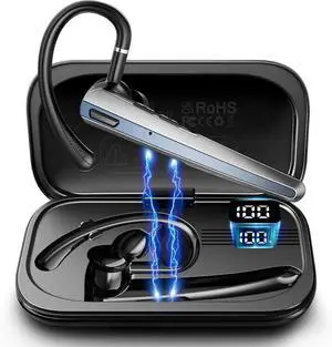 Bluetooth Headset with Microphone Wireless Earpiece with Charging Case for Cellphones PC Single Ear Headset with Mute for Trucker Driver Remote Work Skype Zoom Teams Call Center