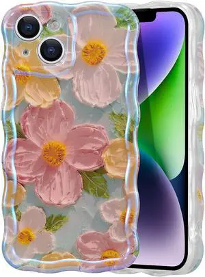 Case for iPhone 15 Colorful Retro Oil Painting Printed Flower Laser Beam Glossy Pattern Cute Curly Waves Border Exquisite Phone Cover Stylish Durable TPU Protective Case for Girls Women-Green