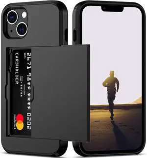 for iPhone 13 Case with Card Holder Heavy Duty Protective Dual Layer Shockproof Hidden Card Slot Slim Wallet Case for iPhone 13 for Women&Men(Black)