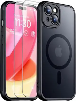 Designed for iPhone 15 Case Magnetic with [2 Tempered Glass Screen Protector] [Full Camera Protection] Anti-Scratched Slim Phone Case for iPhone 15 6.1 Black