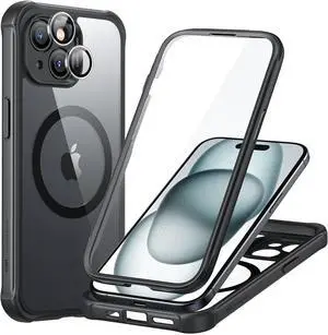 for iPhone 15 Case Compatible with MagSafe Full-Body Military-Grade Drop Proof Case with Built-in 9H+ Tempered Glass Screen Protector Armor Series Clear Black