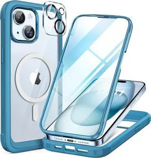 Glass Series for iPhone 15 Case [Compatible with MagSafe] Full-Body Magnetic Bumper Case with Built-in 9H Tempered Glass Anti-Fingerprint Screen Protector + Camera Lens Protector Sea Blue