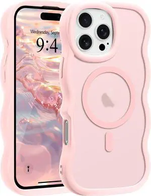 for iPhone 16 Pro Max Case Curly Wavy Frame Hard Translucent Matte Clear Back Cover for Women Men Compatible with Magsafe TPU Bumper Shockproof Phone Case for iPhone 16 Pro Max Pink