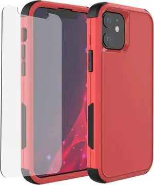 Heavy Duty Case for iPhone 12/12 Pro 3-Layers Drop Protection Phone Case with [Tempered Glass Screen Protector] Shockproof Rugged Case Cover for iPhone 12/iPhone 12 Pro 6.1 Inch - Red/Black