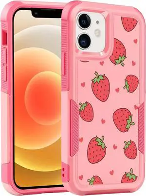 Designed for iPhone 12 Case & iPhone 12 Pro Case Heavy-Duty Tough Rugged Lightweight Slim Shockproof Protective Pink Case for iPhone 12 & iPhone 12 Pro 6.1 Inch Women Girls Strawberry