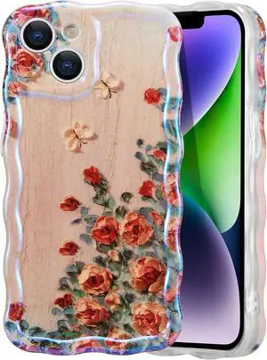 Case for iPhone 15 Colorful Retro Oil Painting Printed Flower Laser Beam Glossy Pattern Cute Curly Waves Border Exquisite Phone Cover Stylish Durable TPU Protective Case for Girls Women-Beige