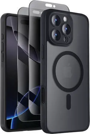 Designed for iPhone 16 Pro Case Compatible with MagSafe with Privacy Screen Protectors X2 [Camera Protection] [15FT Military Drop Protection] Shockproof Phone Case 2024 Black