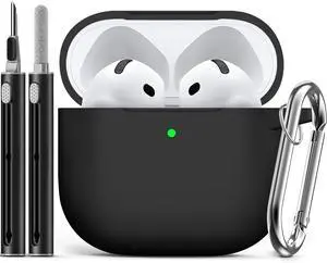 for AirPods 4 Case Cover 2024 with Cleaner Kit Soft Silicone Protective Case for  AirPods 4th Generation Case for Women Men AirPod 4 Case Accessories with Keychain-Black