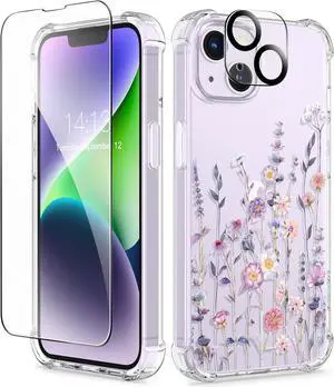 for iPhone 14 Case Floral with Screen Protector+Camera Lens Protector [Non Yellowing]Soft Shockproof Clear Phone Protective Cover for Women Flower Pattern Design 6.1(AA-Floratopia/Colorful)