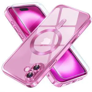 Magnetic for iPhone 16 Plus Case with MagSafe [Never Yellowing] [Military Grade Drop Protection] Full Camera Lens Protector Plating Soft Clear Phone Case for Women Girls 6.7 inch Hot Pink