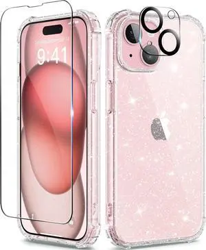 3 in 1 Compatible with iPhone 15 Case Glitter with Screen Protector + Camera Lens Protector [Non-Yellowing] Clear Sparkle Slim Shockproof Hard Phone Cover for Women 6.1 Inch Shiny Clear