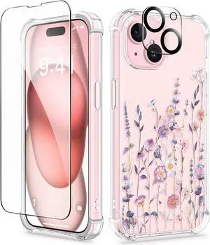 for iPhone 15 Case [3 in 1] with Screen Protector & Camera Lens Protector Clear Soft Shockproof Slim Fit Floral Phone Cover for Women Girls 2023 6.1 (Floratopia/Colorful)