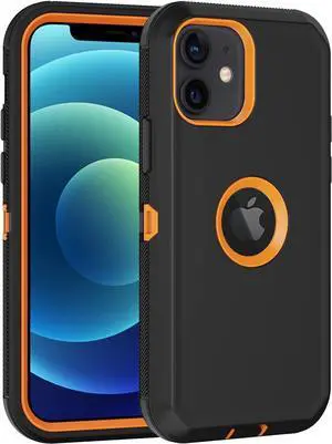 for iPhone 12 Case iPhone 12 Pro Case with Built in Screen Protector Heavy Duty Drop Protection Shockproof Dust Proof Protective Phone Cover for  iPhone 12/12 Pro (Black/Orange)