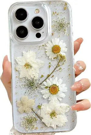 for iPhone 16 Pro Clear Case with Pressed Real Flowers Design Glitter Cute White Floral Pattern Slim Soft TPU Protective Women Girls Phone Cover for iPhone 16 Pro