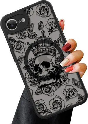 Magnetic for iPhone 16e Case [Compatible with MagSafe] Black Skull Flower Slim Translucent Matte Case for iPhone 16e Case Camera Lens Protection Cover Skull Flower (6.1)