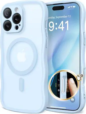 for iPhone 16 Pro Case for Women Girls Upgraded [Full Camera Protection] [Compatible with MagSafe] Cute Wave Translucent Matte Phone Case for iPhone 16 Pro Light Blue