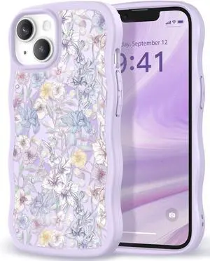 for iPhone 14 Case & iPhone 13 Case [Compatible with MagSafe] [Curly Wave Edge] Floral Translucent Magnetic Slim Shockproof Protective Phone Cover for Girls Women 6.1 Apricot Blossom/Purple