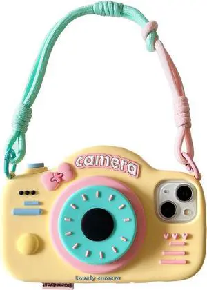 Case for iPhone 16 Funny 3D Cartoon Retro Camera Phone Case with Bracket &Wristband Cute Kawaii Phone Cases Soft Silicone Shockproof Protector Women Girls for iPhone 16