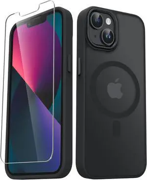 for iPhone 14 Case iPhone 13 Case with 1 Screen Protector Matte Magnetic Slim Phone Cover Support for Magsafe Shockproof Protection Translucent Frosted Back Black