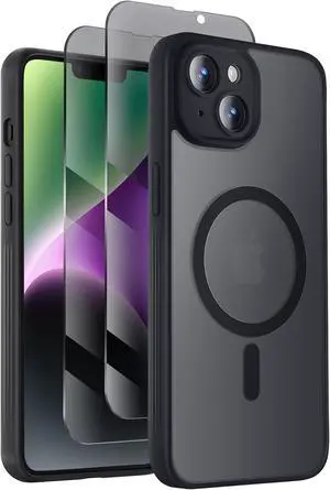 Designed for iPhone 14 Case Compatible with MagSafe with Privacy Screen Protectors X2 [Camera Protection] [15FT Military Drop Protection] Shockproof Phone Case 6.1 Black