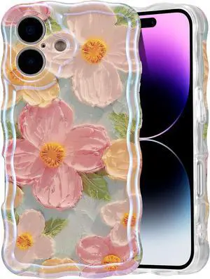 Case for iPhone 16 Colorful Retro Oil Painting Printed Flower Laser Glossy Pattern Cute Curly Wave Edge Exquisite Phone Cover Stylish Durable TPU Protective Case for Girl Women-Green